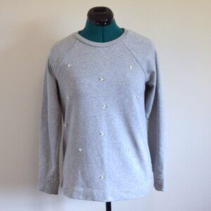 Gray Crewneck Sweater With Pearl and Crystal Embellishments